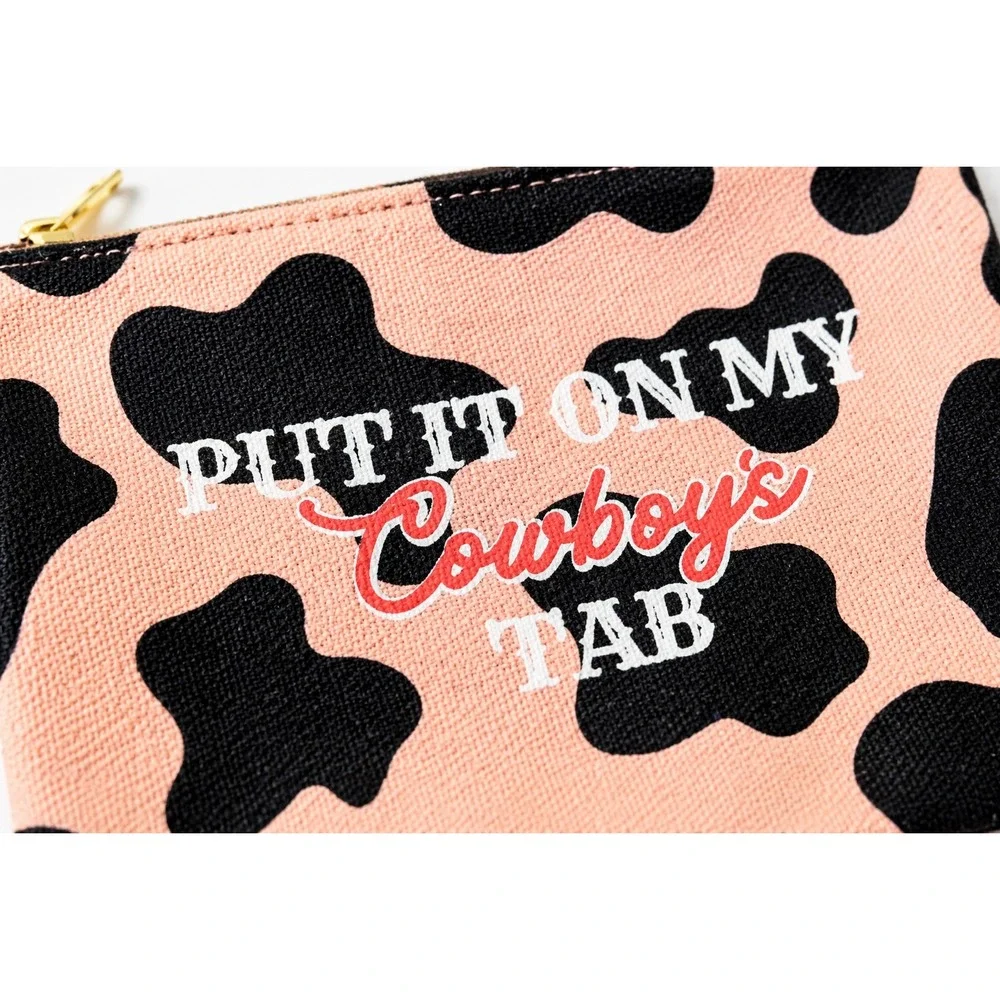 Pink Cow Print Put It On My Cowboys Tab Canvas Makeup Pouch